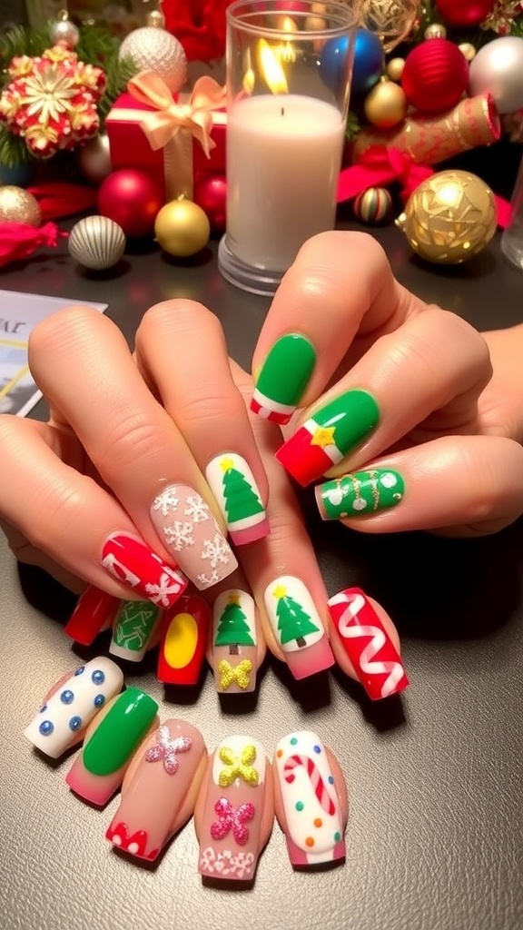 Festive Christmas nail designs including snowflakes, Christmas trees, and candy canes on colorful nails.